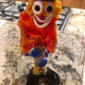 Vibrant Glass Clown Figurine with Orange and Blue Accents- Murano
